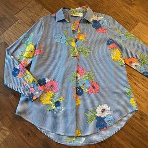 Vincente Blue Pink Yellow Stripe Floral Lightweight Top Women's Size Large